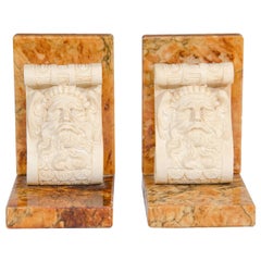 Vintage Pair of Art Deco Era Alabaster Bookends with Male Faces