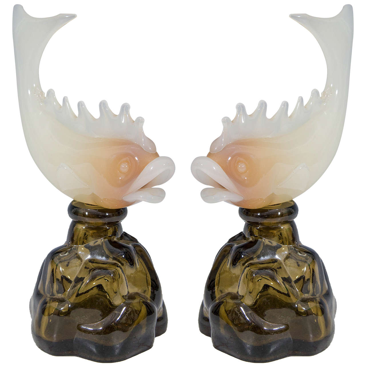 Mid-Century Pair of Fish Shaped Murano Glass Bottles For Sale