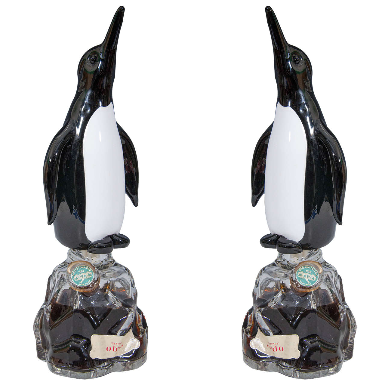 Mid-Century Pair of Penguin Shaped Murano Glass Bottles by Girolamo Luxardo For Sale