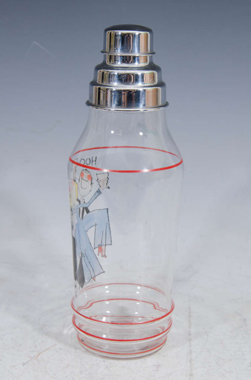 An Art Deco rare and whimsical hand painted cocktail shaker by American artist John Held, Jr.  Decorated with his iconic images of a flapper and a max in tux drinking. The title is, 