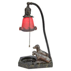 Antique Dachshunds Table Lamp with Art Glass Shade
