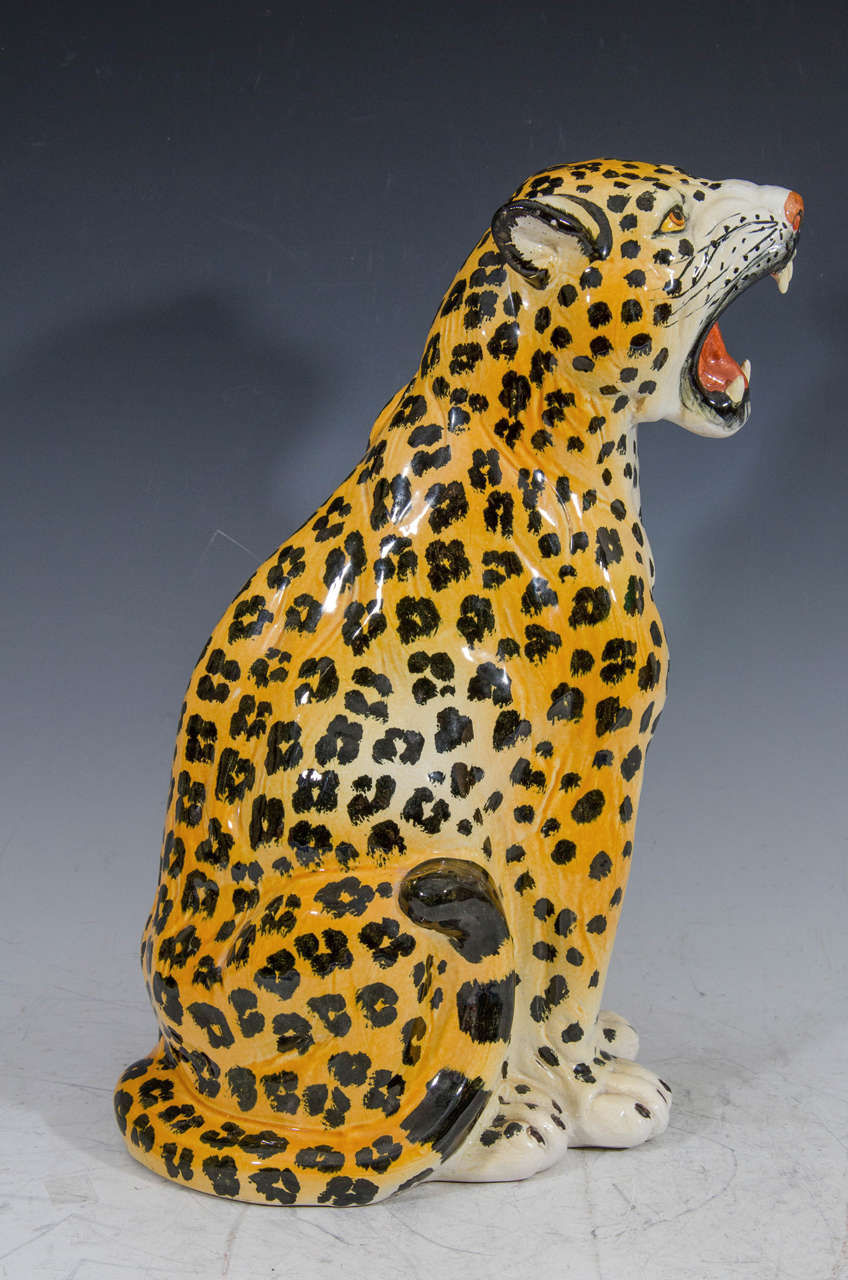 20th Century Midcentury Hand-Painted Italian Ceramic Leopard Sculpture