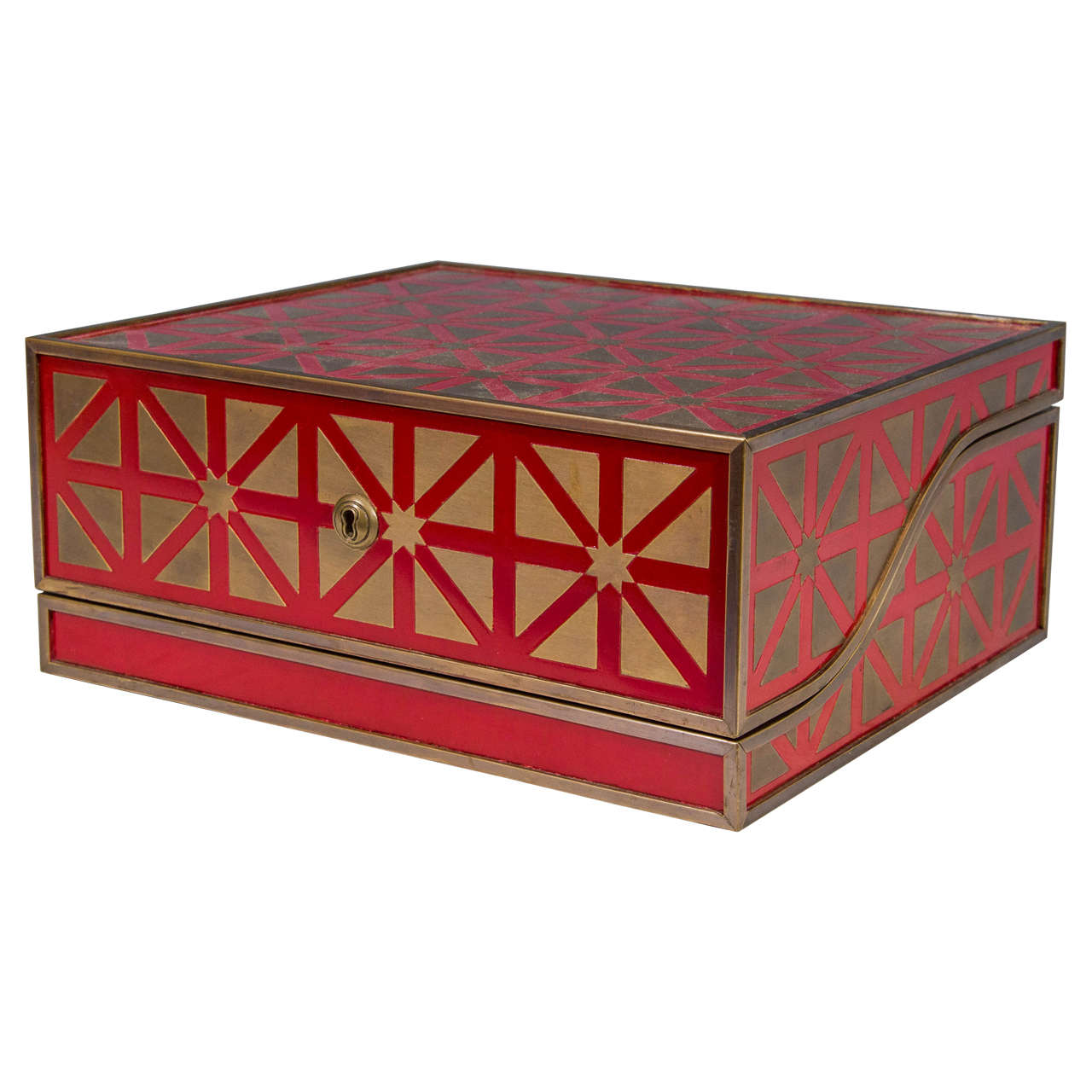 20th Century Red Lacquer and Brass Inlay Box