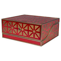 20th Century Red Lacquer and Brass Inlay Box