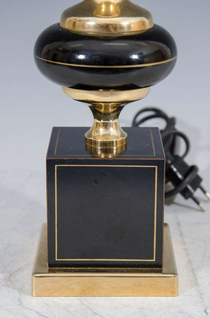 A Pair of French Midcentury Black Enamel and Brass Bedside Lamps In Good Condition In New York, NY