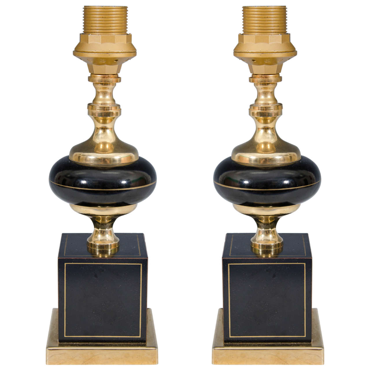 A Pair of French Midcentury Black Enamel and Brass Bedside Lamps