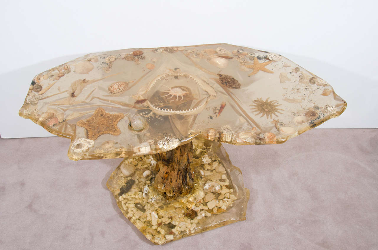 Mid-Century Organic Resin Table with Marine Life and Driftwood Base
