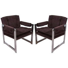 Midcentury Pair of Milo Baughman Armchairs in Brown Mohair