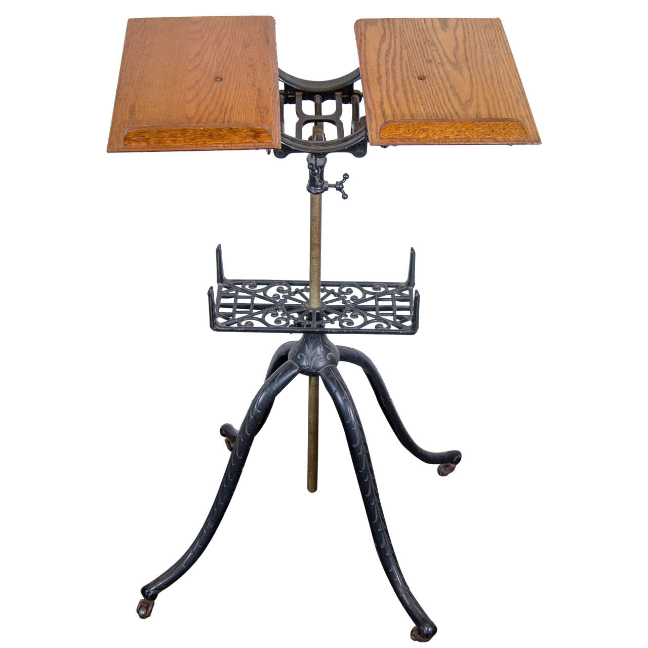 Antique Oak and Iron Dictionary Stand with Adjustable Height
