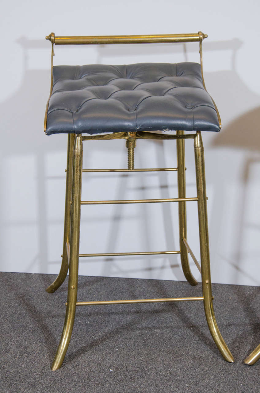 Midcentury Set of Four French Leather and Brass Bar Stools
