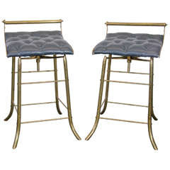 Vintage Midcentury Set of Four French Leather and Brass Bar Stools