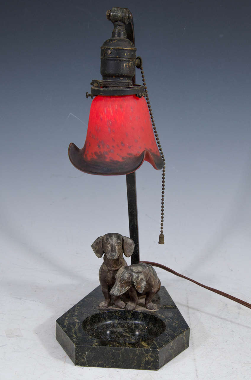 Antique Dachshunds Table Lamp with Art Glass Shade at 1stDibs