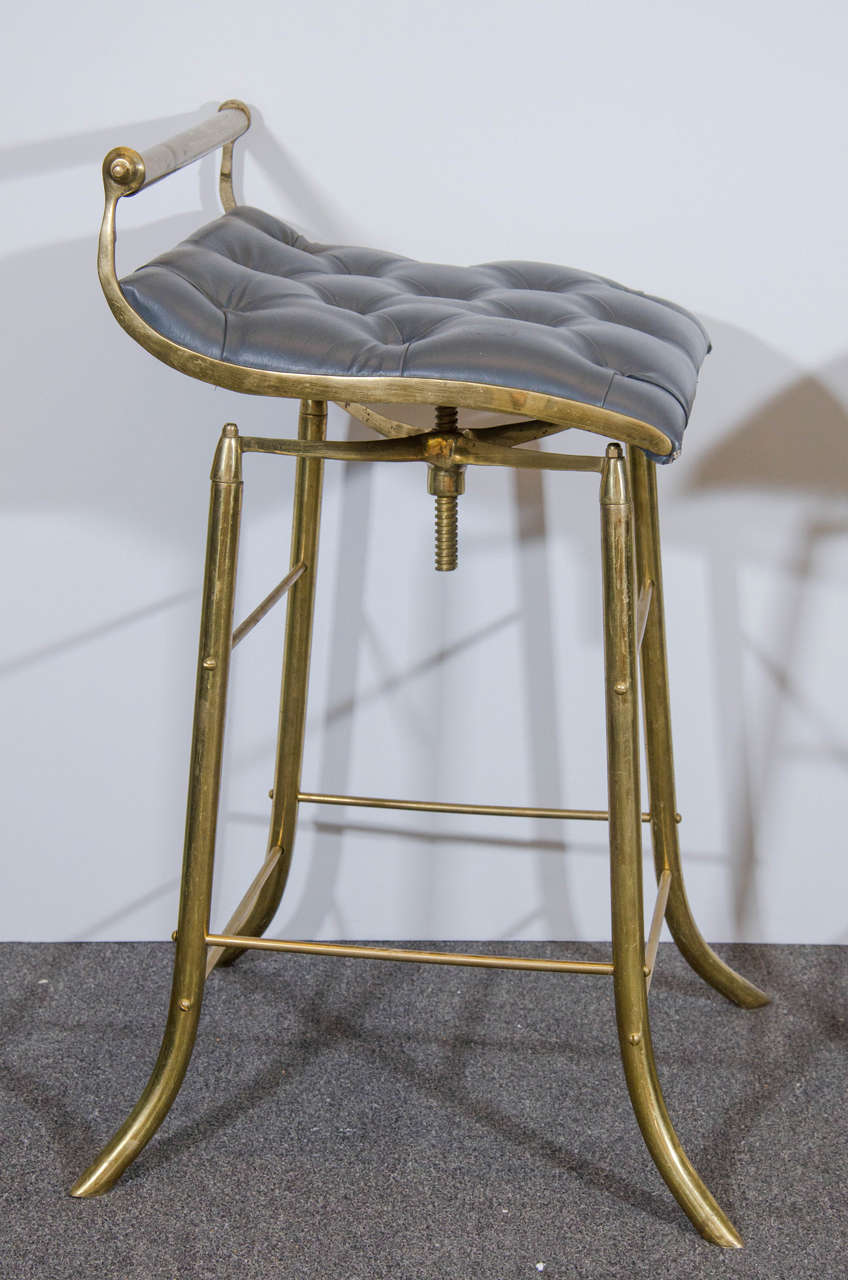 Midcentury Set of Four French Leather and Brass Bar Stools at 1stDibs