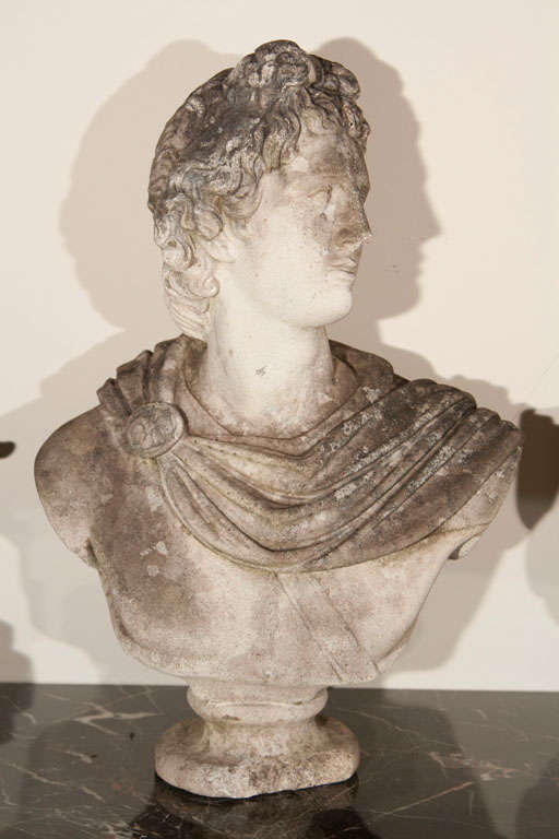 This rendition of Apollo is exceptionally beautiful and is probably the most famous interpretation in history. Well-weathered with a lichened patina, his only flaw is a loss to the  base that can be easily restored. Perfect for a library or hall