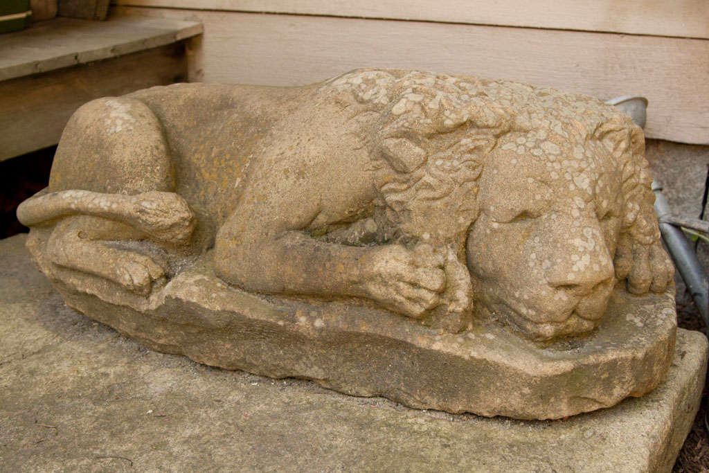 A whimsical, unusual interpretation and beautifully-weathered surface with green-gray lichen makes this hand-carved Yorkstone lion unique. Excellent carved detail and in wonderful condition; lovely in the garden or on a porch or terrace.