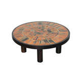 Vintage Round Ceramic coffee table by Roger Capron with "Herbier" Tiles