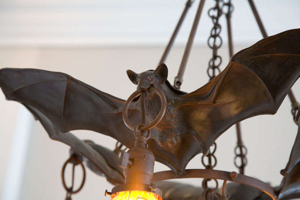 Austrian Bronze Bat Chandelier with Vintage Glass Orbs For Sale 1