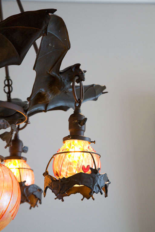 Austrian Bronze Bat Chandelier with Vintage Glass Orbs For Sale 2