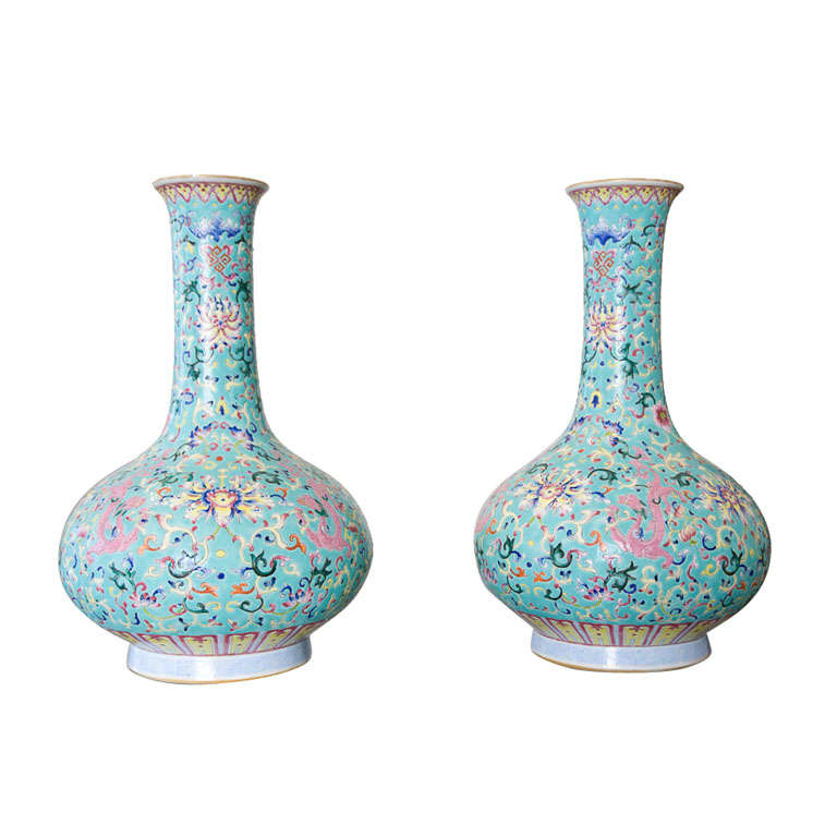Pair of 19th Century "Ground Famille"  bottle Chinese Vases