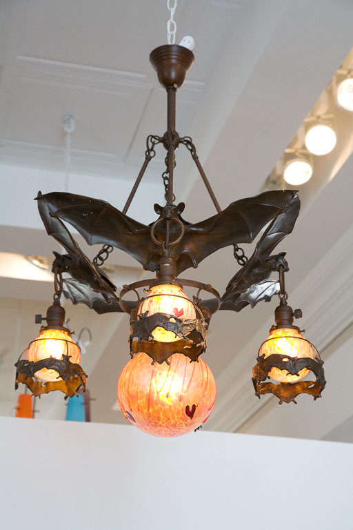 Austrian Bronze Bat Chandelier with Vintage Glass Orbs For Sale at 1stDibs