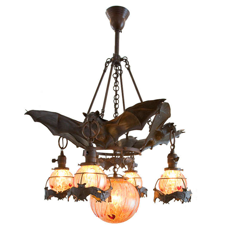 Austrian Bronze Bat Chandelier With Glass Orbs