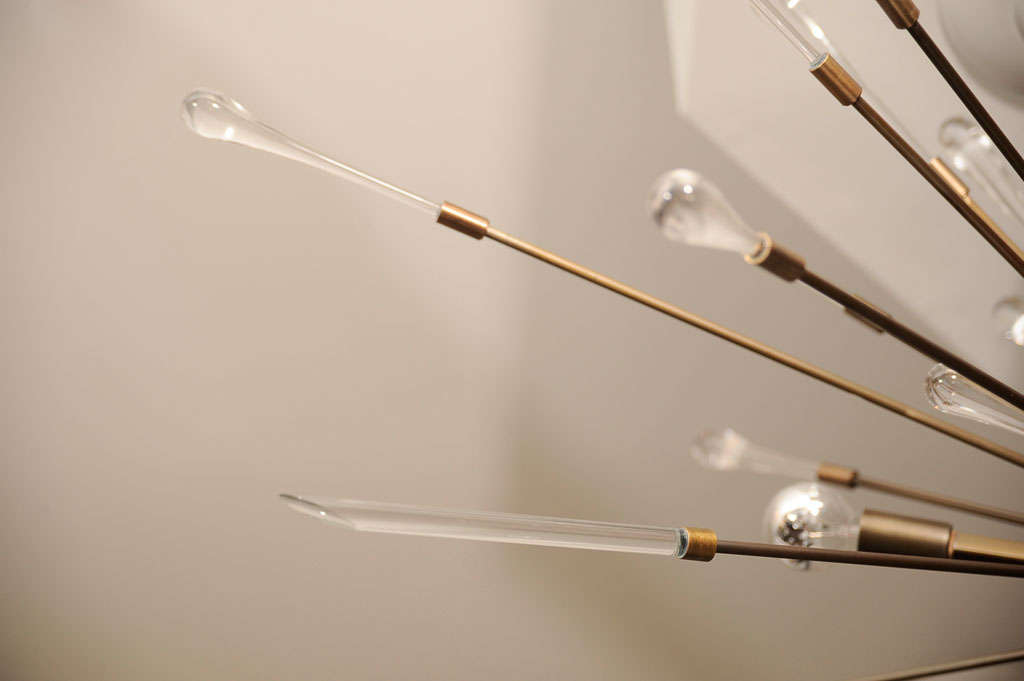 Glass Rod and Teardrop Sputnik Chandelier in Antique Brass For Sale 2
