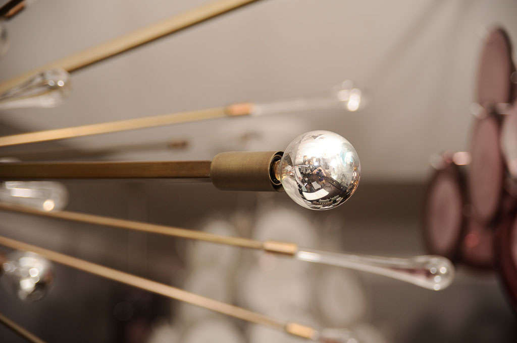 Glass Rod and Teardrop Sputnik Chandelier in Antique Brass For Sale 3