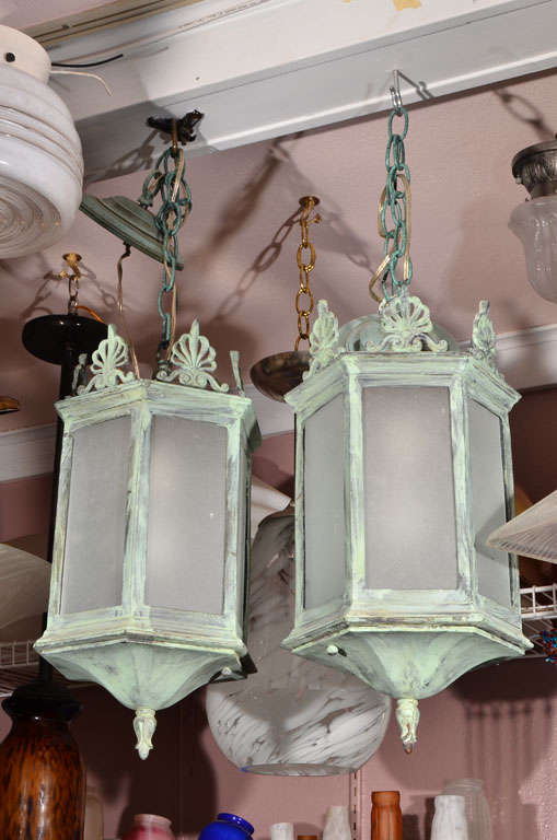 Pair of Early 20th Century Bronze Hanging Lanterns, Reproduction