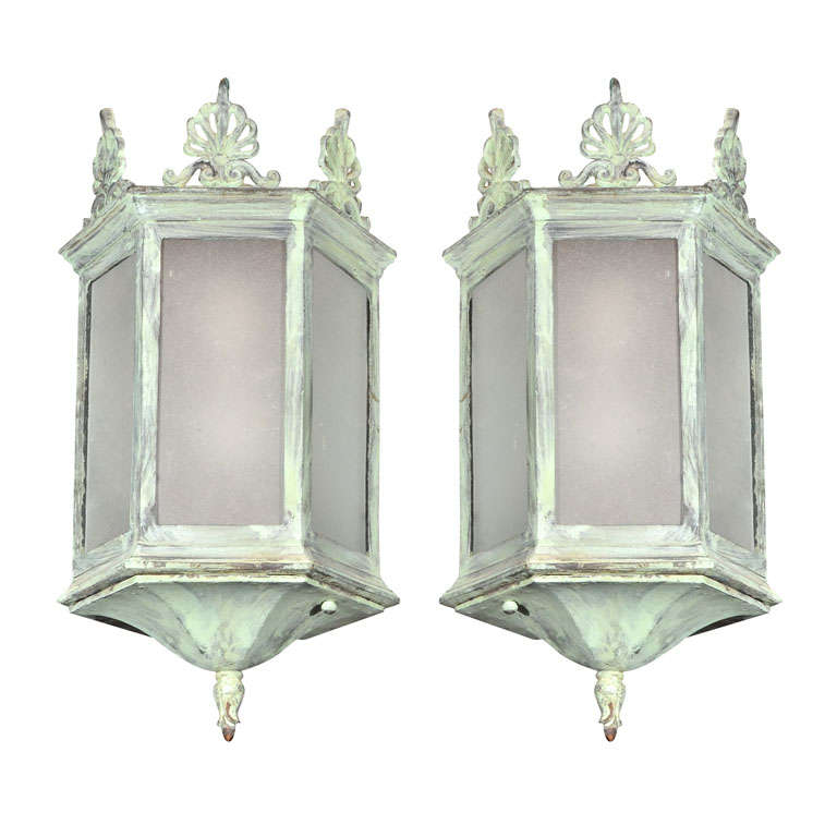 Pair of Early 20th Century Bronze Hanging Lanterns, Reproduction For Sale