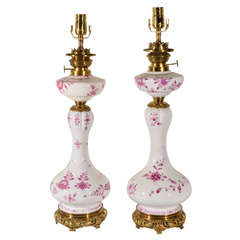 Meissen, pink Onion Pattern, Gourd shaped Oil Lamps, elecrified