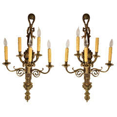 Bronze, Pair, Five light wall sconce, Rococo Style, circa 1920s, Bronze, Pair, Five light wall sconce, Rococo Style, circa 1920s,