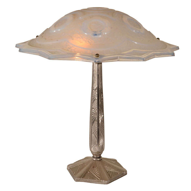 Art Deco Table Lamp with Lalique Style Shade For Sale
