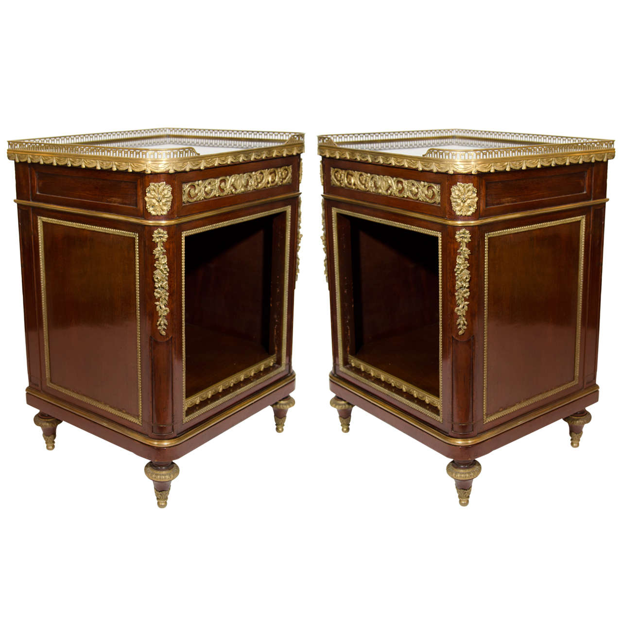 Pair of Antique French Louis XVI Style Gilt Bronze Mounted Side Tables