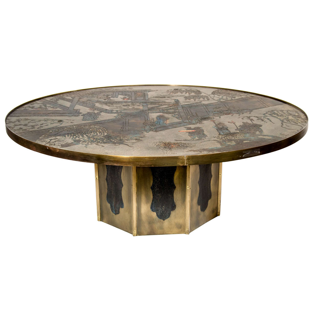 A Unique Philip & Kevin Laverne Chinoiserie American Patinated & Enameled Bronze Coffee Table For Sale