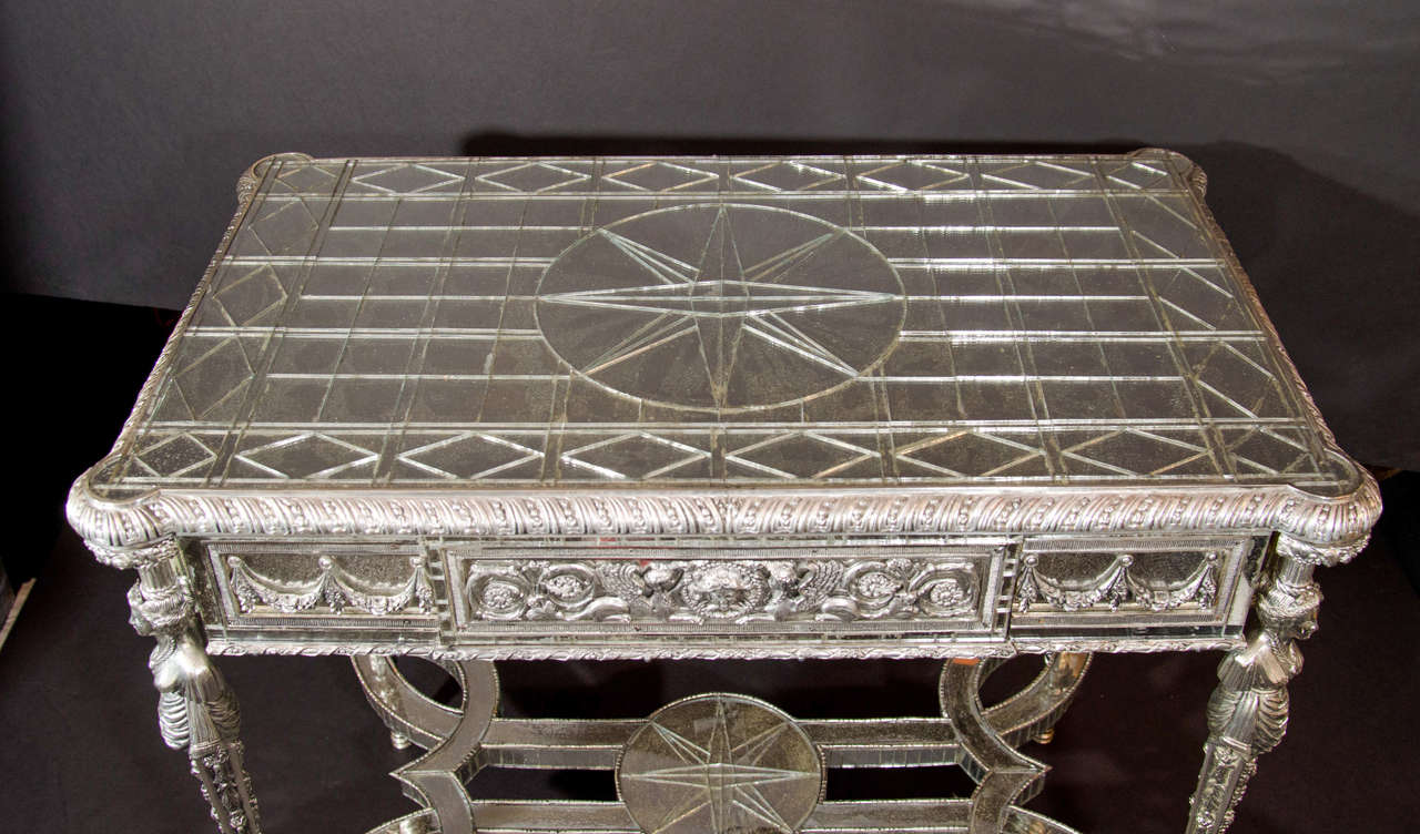 Pair of Unique French Louis XVI Style Silvered Bronze Mirrored Tables In Good Condition In New York, NY