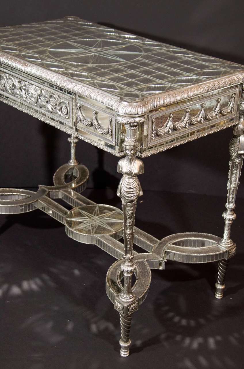 Pair of Unique French Louis XVI Style Silvered Bronze Mirrored Tables 1