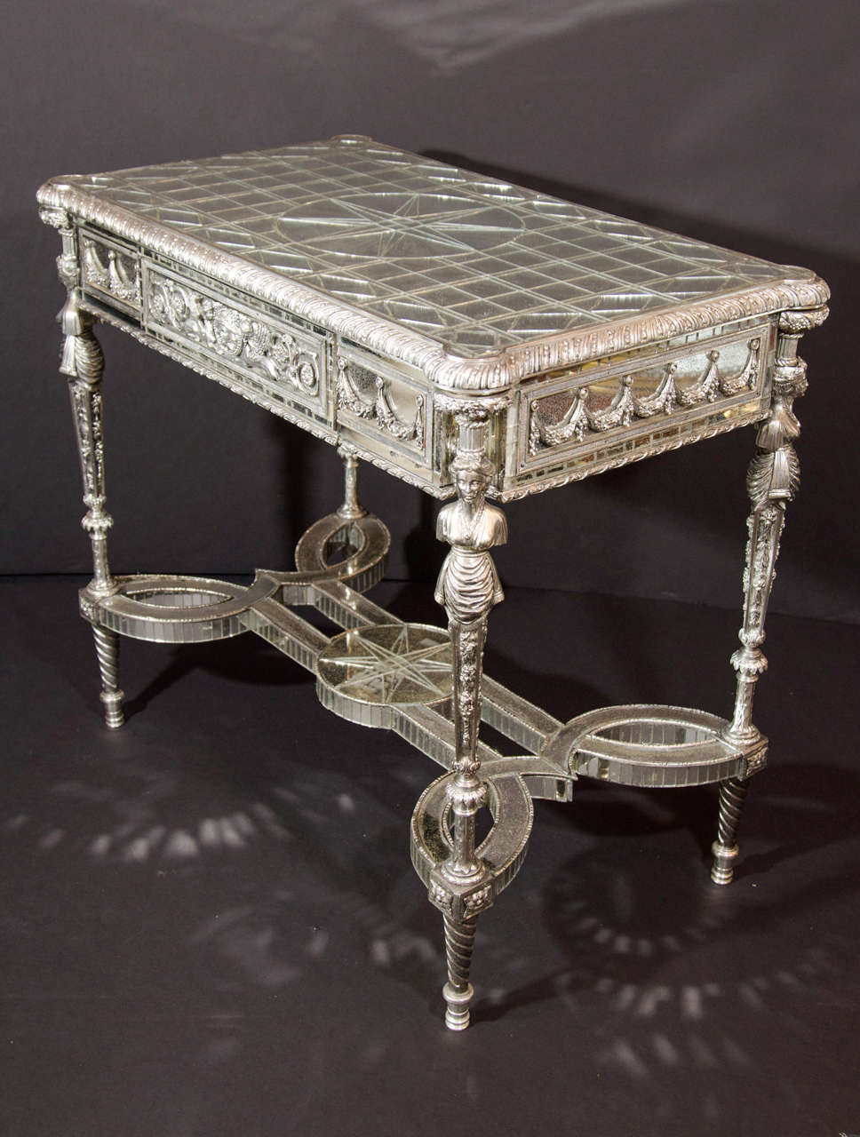 Pair of Unique French Louis XVI Style Silvered Bronze Mirrored Tables 2