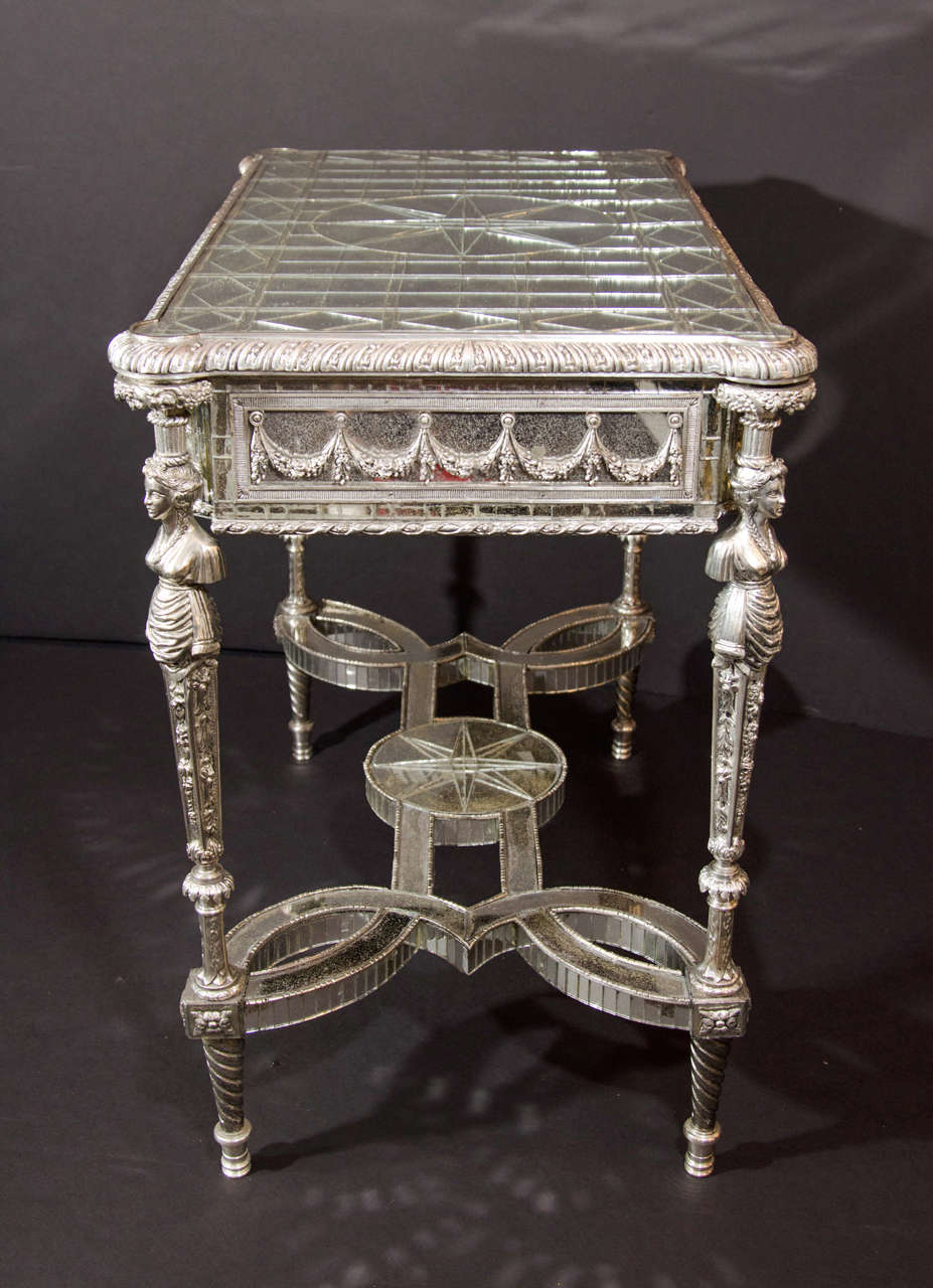 Pair of Unique French Louis XVI Style Silvered Bronze Mirrored Tables 3