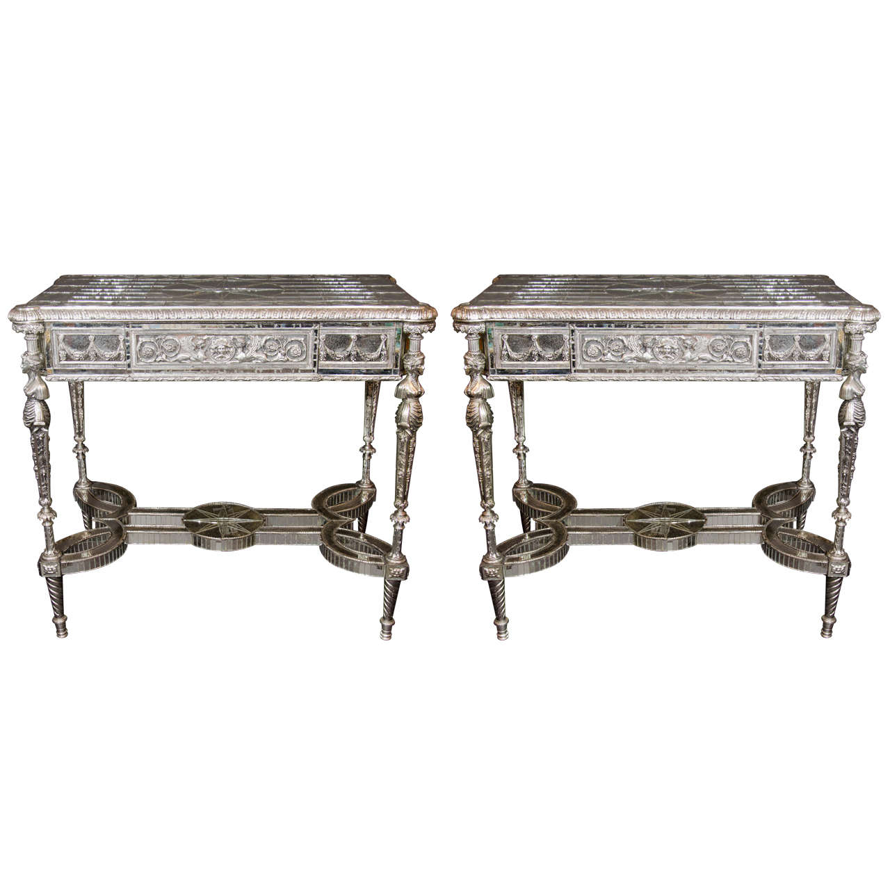 Pair of Unique French Louis XVI Style Silvered Bronze Mirrored Tables