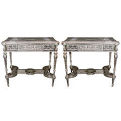 Pair of Unique French Louis XVI Style Silvered Bronze Mirrored Tables