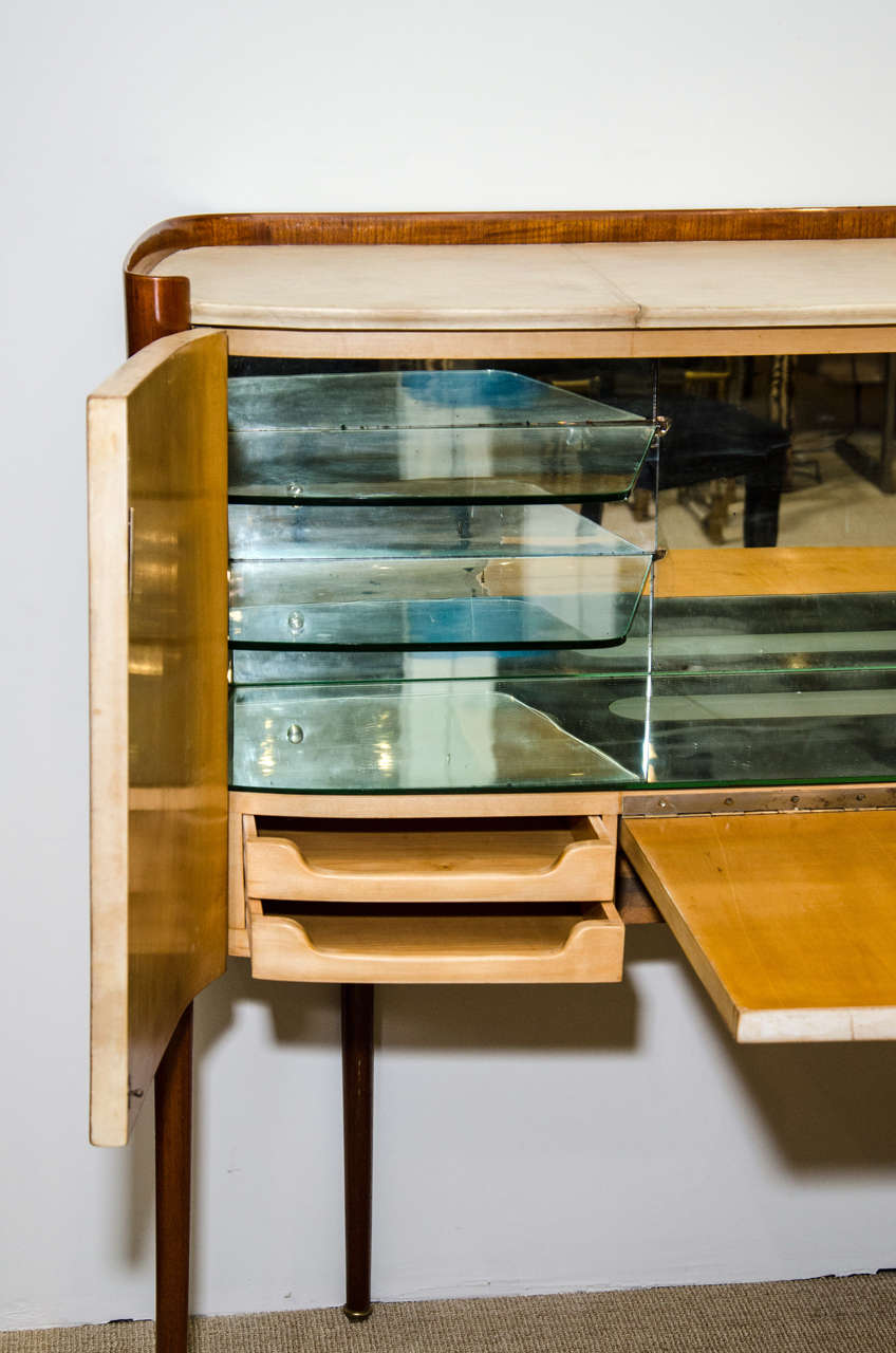 Mid-20th Century Paolo Buffa Parchment Sideboard on Tapered Legs W Curled Bentwood Encasement For Sale