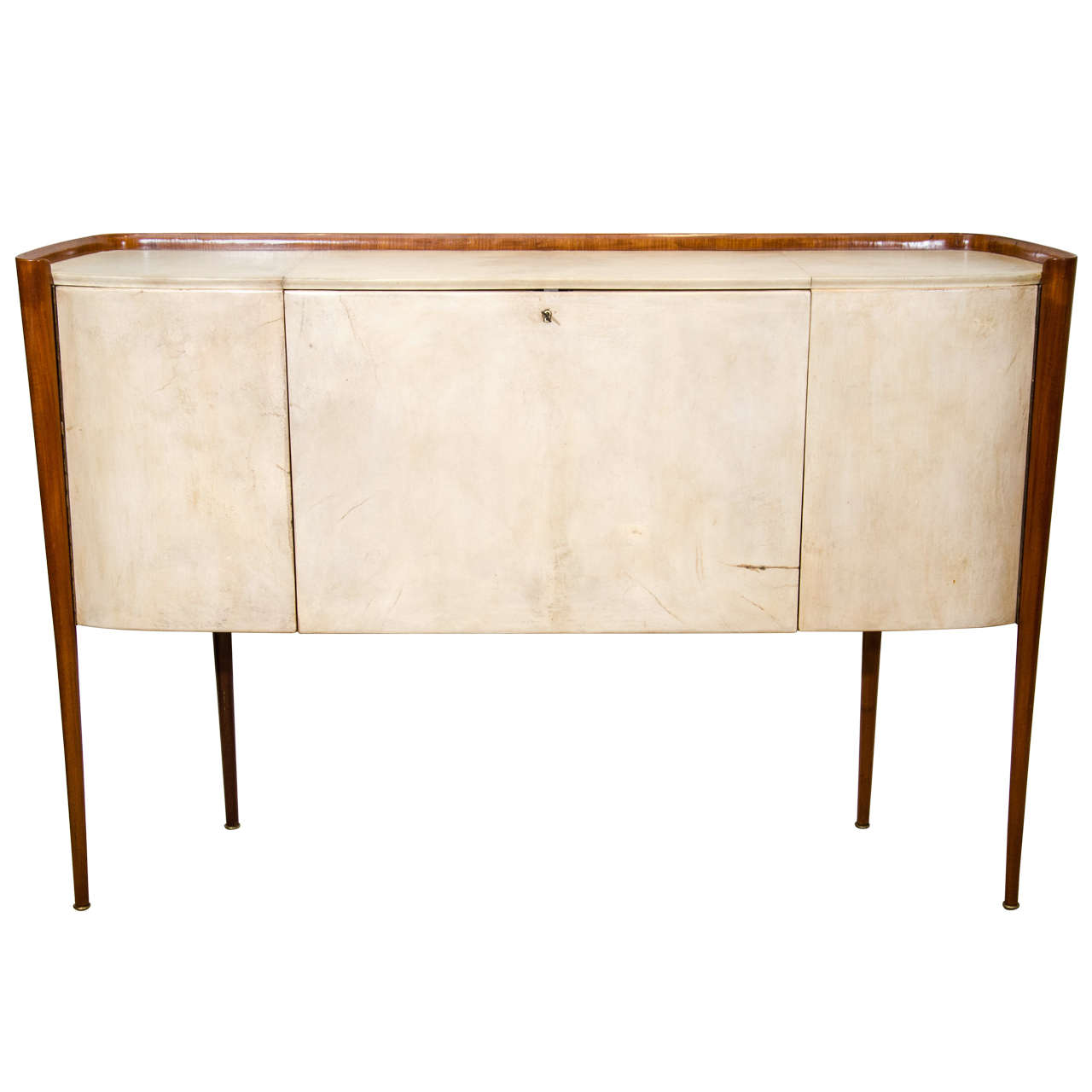 Paolo Buffa Parchment Sideboard on Tapered Legs W Curled Bentwood Encasement For Sale