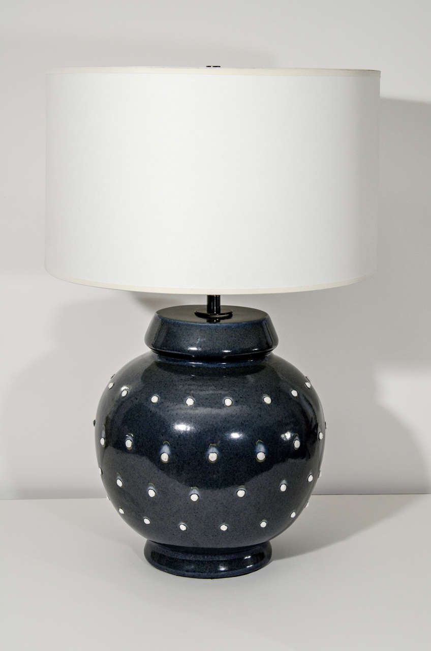 Large Grey Blue Glazed Ceramic Lamp with White Dots