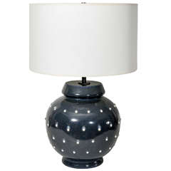 Large Grey Blue Glazed Ceramic Lamp with White Dots