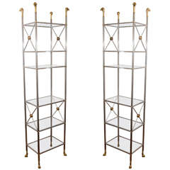 Pair of brushed nickel and brass etageres