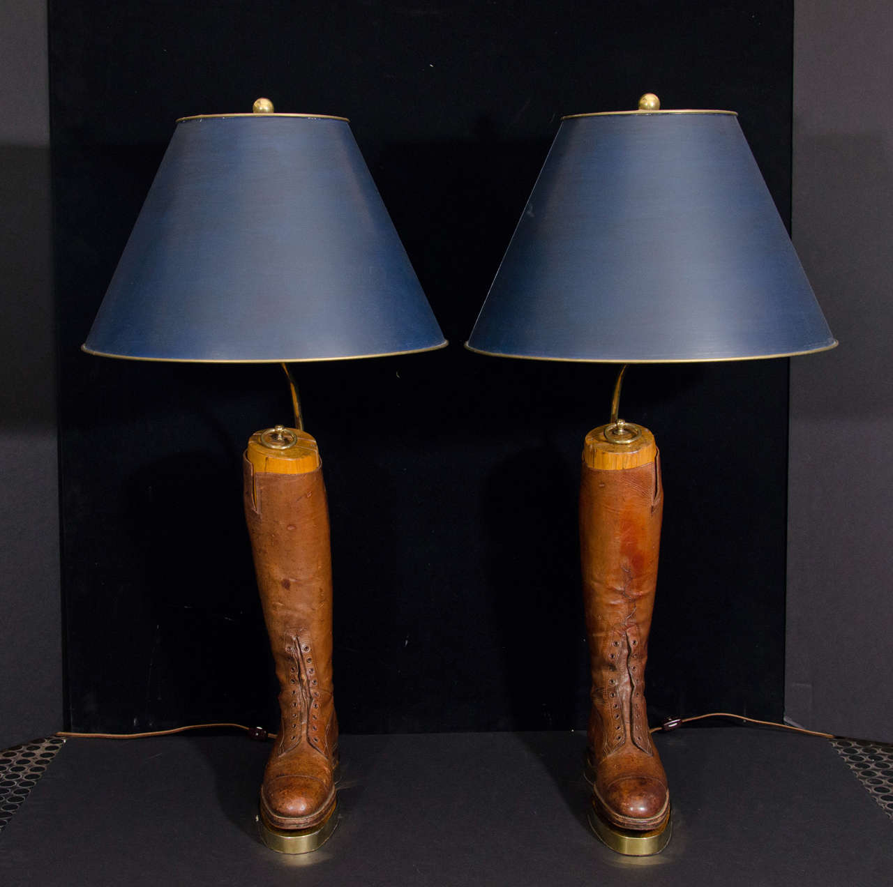 Pair of Bespoke Leather Riding Boots With Original Wooden Forms Mounted on Brass Platforms.