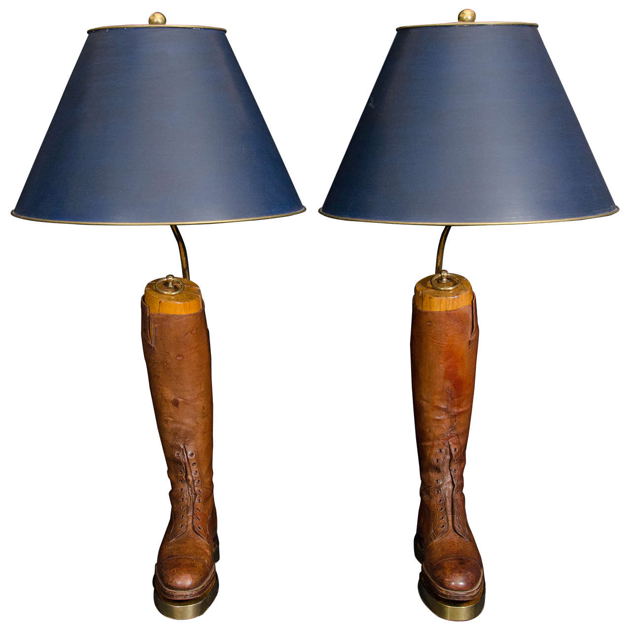 Leather, Wood and Brass One Light "Riding Boots" Lamps