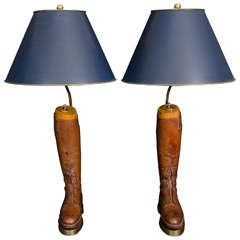 Antique Leather, Wood and Brass One Light "Riding Boots" Lamps