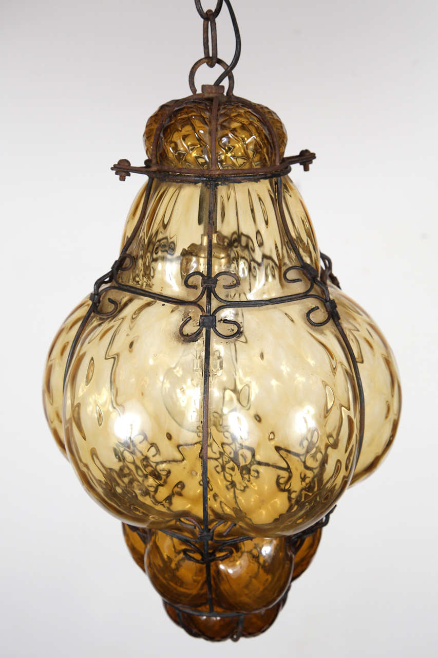 Bohemian Vintage Hand-blown Seguso Murano Amber Glass Cage Pendant Light