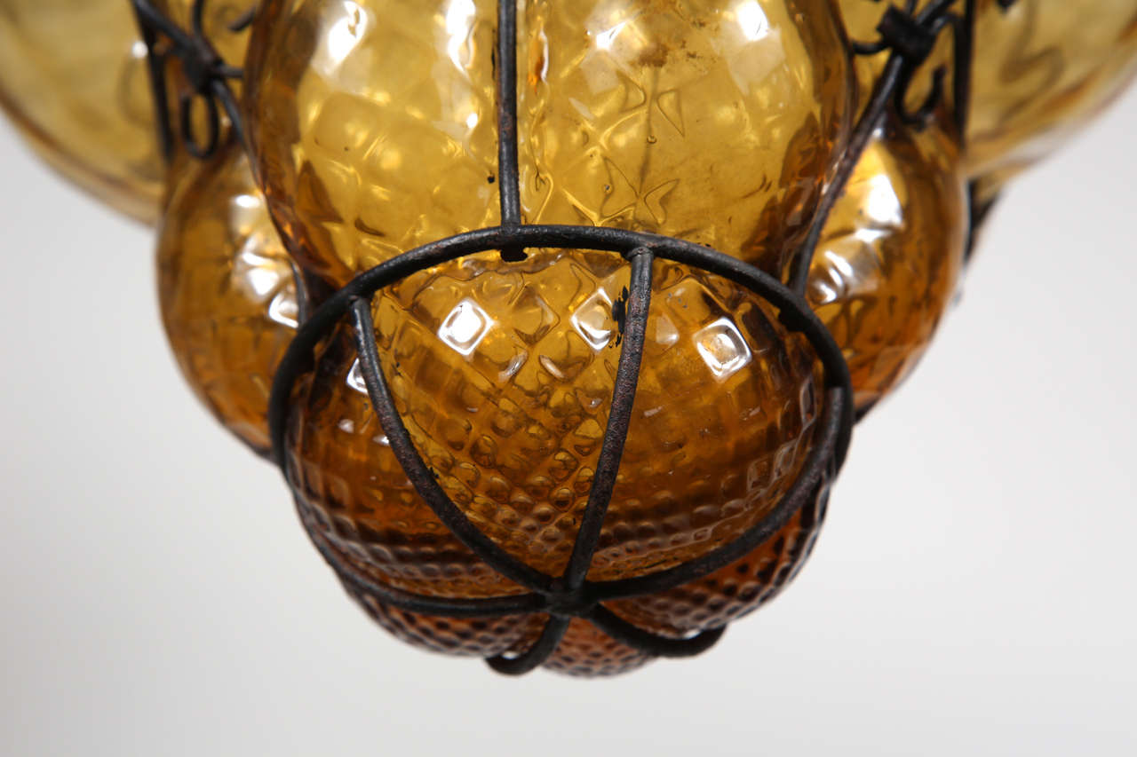 Italian Vintage Hand-blown Seguso Murano Amber Glass Cage Pendant Light